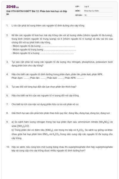 Giải VTH KHTN 8 KNTT Bài 12: Phân bón hoá học có đáp án