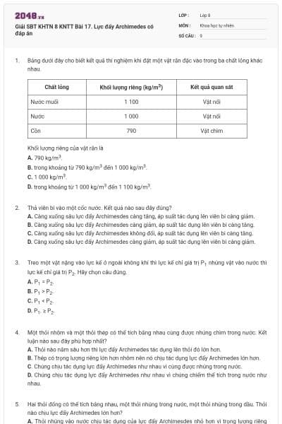 Giải SBT KHTN 8 KNTT Bài 17. Lực đẩy Archimedes có đáp án