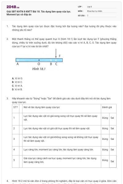 Giải SBT KHTN 8 KNTT Bài 18. Tác dụng làm quay của lực. Moment lực có đáp án
