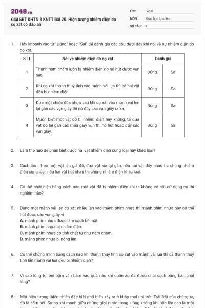 Giải SBT KHTN 8 KNTT Bài 20. Hiện tượng nhiễm điện do cọ xát có đáp án