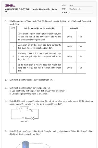 Giải SBT KHTN 8 KNTT Bài 22. Mạch điện đơn giản có đáp án