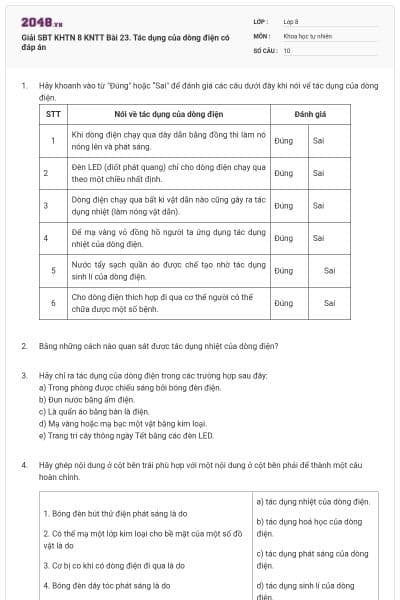 Giải SBT KHTN 8 KNTT Bài 23. Tác dụng của dòng điện có đáp án