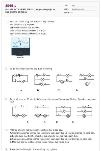 Giải SBT KHTN 8 KNTT Bài 24. Cường độ dòng điện và hiệu điện thế có đáp án