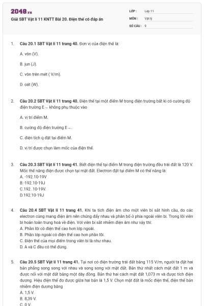 Giải SBT Vật lí 11 KNTT Bài 20. Điện thế có đáp án