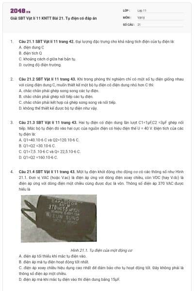 Giải SBT Vật lí 11 KNTT Bài 21. Tụ điện có đáp án