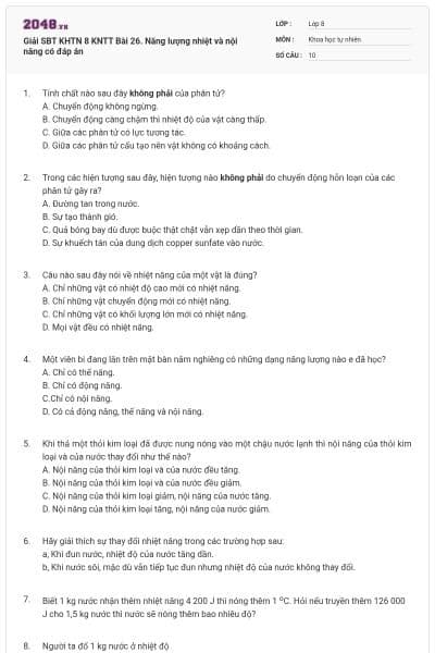 Giải SBT KHTN 8 KNTT Bài 26. Năng lượng nhiệt và nội năng có đáp án