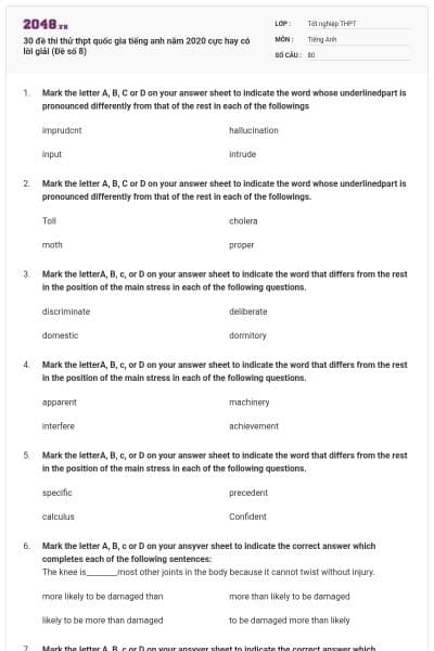 30 đề thi thử thpt quốc gia tiếng anh năm 2020 cực hay có lời giải (Đề số 8)