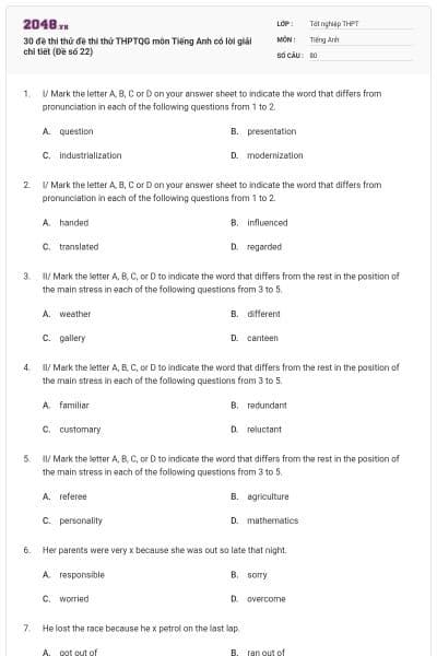 30 đề thi thử đề thi thử THPTQG môn Tiếng Anh có lời giải chi tiết (Đề số 22)