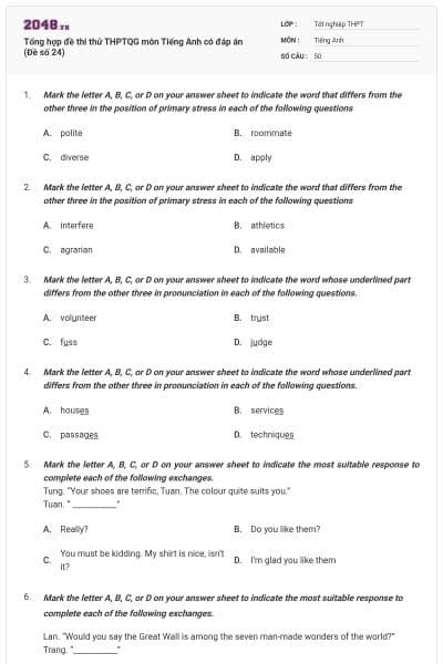 Tổng hợp đề thi thử THPTQG môn Tiếng Anh có đáp án (Đề số 24)