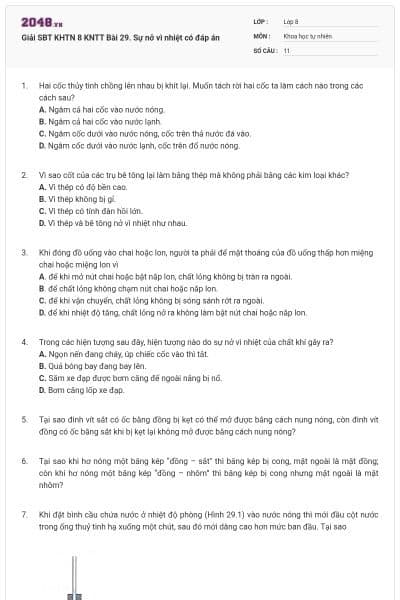 Giải SBT KHTN 8 KNTT Bài 29. Sự nở vì nhiệt có đáp án