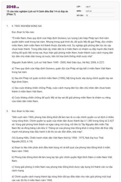 15 câu trắc nghiệm Lịch sử 9 Cánh diều Bài 14 có đáp án (Phần 7)