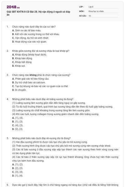 Giải SBT KHTN 8 CD Bài 28. Hệ vận động ở người có đáp án