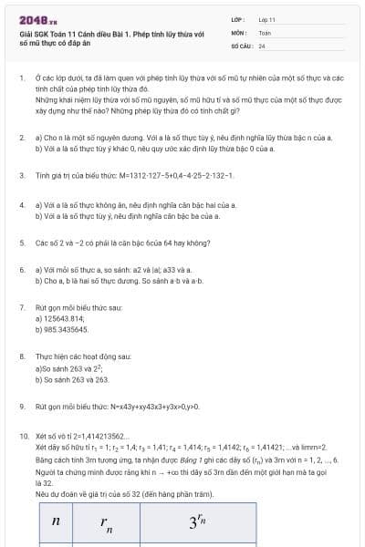Giải SGK Toán 11 Cánh diều Bài 1. Phép tính lũy thừa với số mũ thực có đáp án