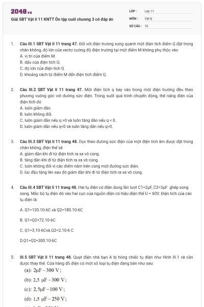 Giải SBT Vật lí 11 KNTT Ôn tập cuối chương 3 có đáp án