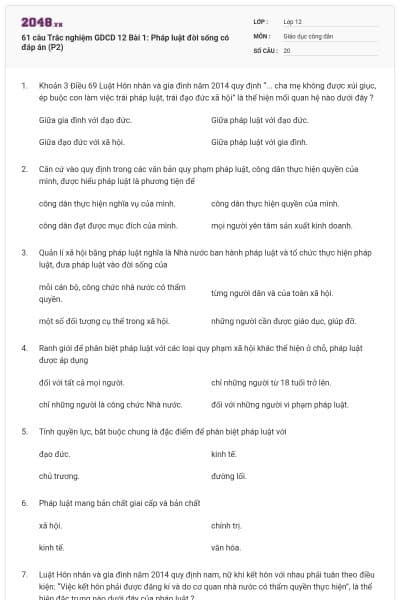 61 câu Trắc nghiệm GDCD 12 Bài 1: Pháp luật đời sống có đáp án (P2)