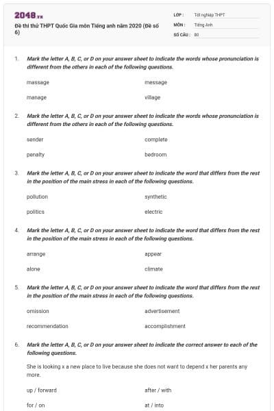 Đề thi thử THPT Quốc Gia môn Tiếng anh năm 2020 (Đề số 6)