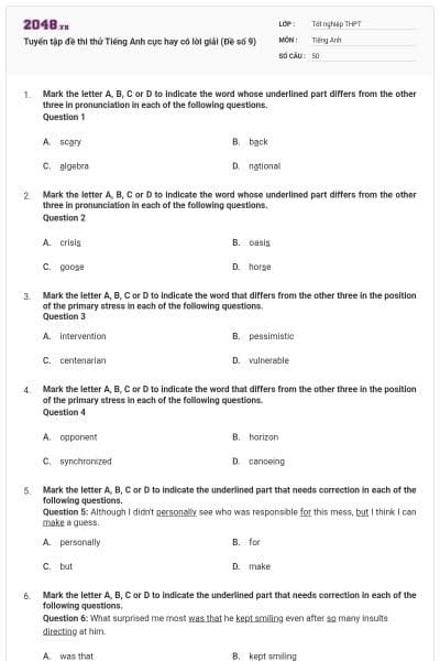 Tuyển tập đề thi thử Tiếng Anh cực hay có lời giải (Đề số 9)