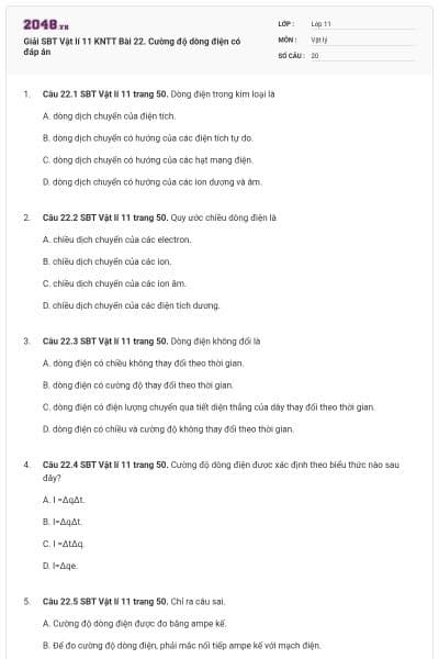 Giải SBT Vật lí 11 KNTT Bài 22. Cường độ dòng điện có đáp án