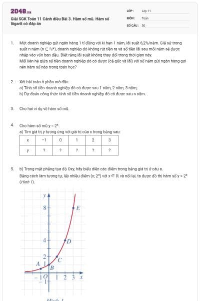 Giải SGK Toán 11 Cánh diều Bài 3. Hàm số mũ. Hàm số lôgarit có đáp án