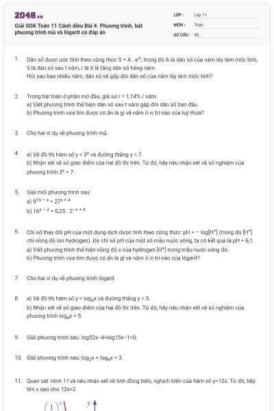 Giải SGK Toán 11 Cánh diều Bài 4. Phương trình, bất phương trình mũ và lôgarit có đáp án