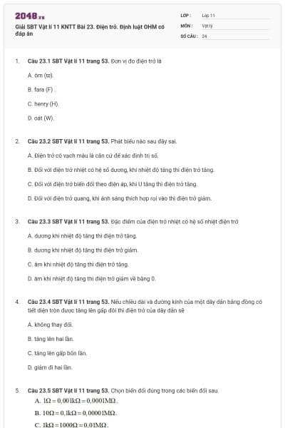 Giải SBT Vật lí 11 KNTT Bài 23. Điện trở. Định luật OHM có đáp án