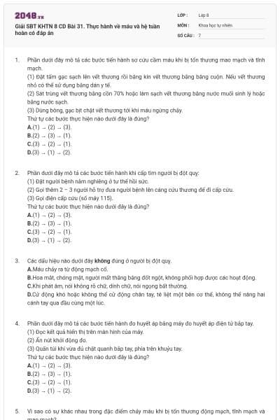 Giải SBT KHTN 8 CD Bài 31. Thực hành về máu và hệ tuần hoàn có đáp án