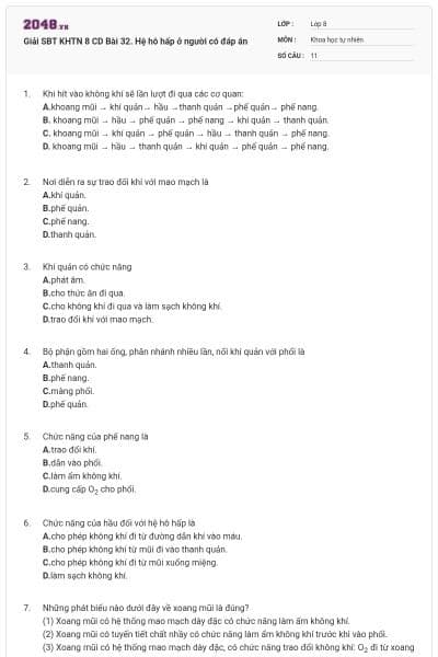 Giải SBT KHTN 8 CD Bài 32. Hệ hô hấp ở người có đáp án