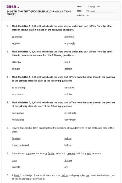 24 ĐỀ THI THỬ THPT QUỐC GIA NĂM 2019 Môn thi: TIẾNG ANH(P1)