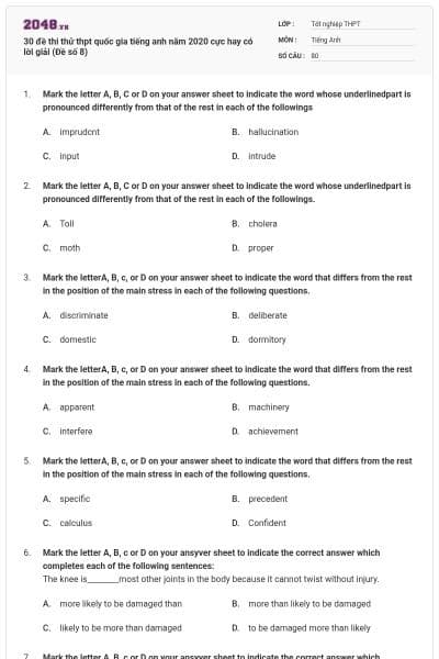 30 đề thi thử thpt quốc gia tiếng anh năm 2020 cực hay có lời giải (Đề số 8)
