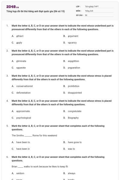 Tổng hợp đề thi thử tiếng anh thpt quốc gia (Đề số 15)