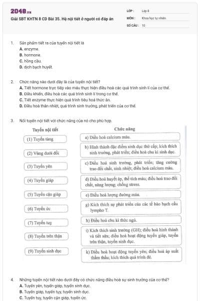 Giải SBT KHTN 8 CD Bài 35. Hệ nội tiết ở người có đáp án