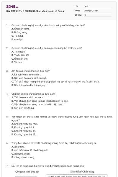 Giải SBT KHTN 8 CD Bài 37. Sinh sản ở người có đáp án