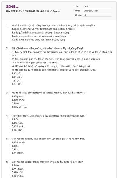 Giải SBT KHTN 8 CD Bài 41. Hệ sinh thái có đáp án