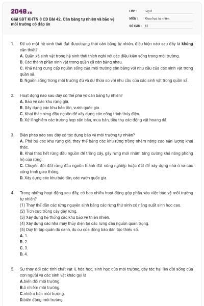 Giải SBT KHTN 8 CD Bài 42. Cân bằng tự nhiên và bảo vệ môi trường có đáp án