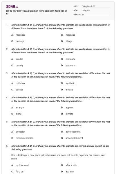 Đề thi thử THPT Quốc Gia môn Tiếng anh năm 2020 (Đề số 6)