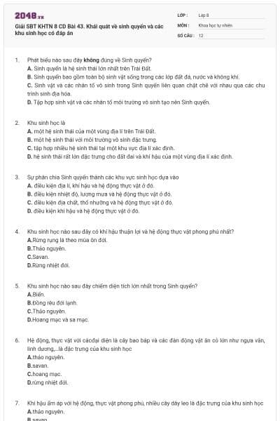 Giải SBT KHTN 8 CD Bài 43. Khái quát về sinh quyển và các khu sinh học có đáp án