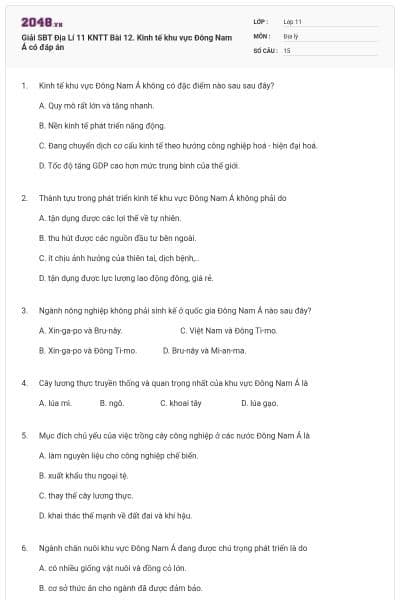 Giải SBT Địa Lí 11 KNTT Bài 12. Kinh tế khu vực Đông Nam Á có đáp án