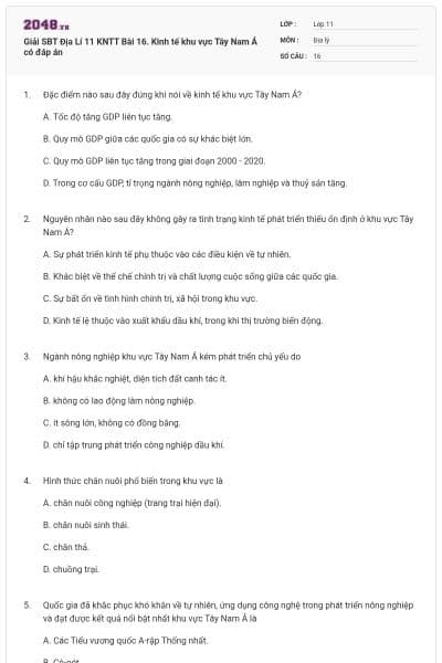 Giải SBT Địa Lí 11 KNTT Bài 16. Kinh tế khu vực Tây Nam Á có đáp án