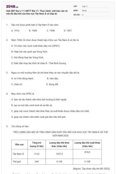 Giải SBT Địa Lí 11 KNTT Bài 17. Thực hành: viết báo cáo về vấn đề dầu khí của khu vực Tây Nam Á có đáp án
