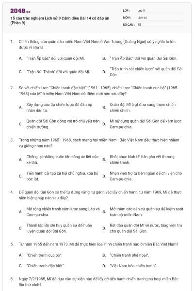 15 câu trắc nghiệm Lịch sử 9 Cánh diều Bài 14 có đáp án (Phần 9)