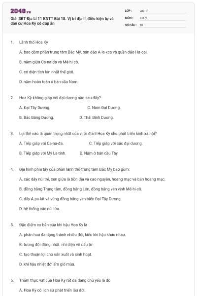 Giải SBT Địa Lí 11 KNTT Bài 18. Vị trí địa lí, điều kiện tự  và dân cư Hoa Kỳ có đáp án