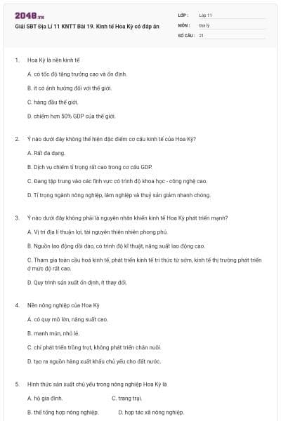 Giải SBT Địa Lí 11 KNTT Bài 19. Kinh tế Hoa Kỳ có đáp án
