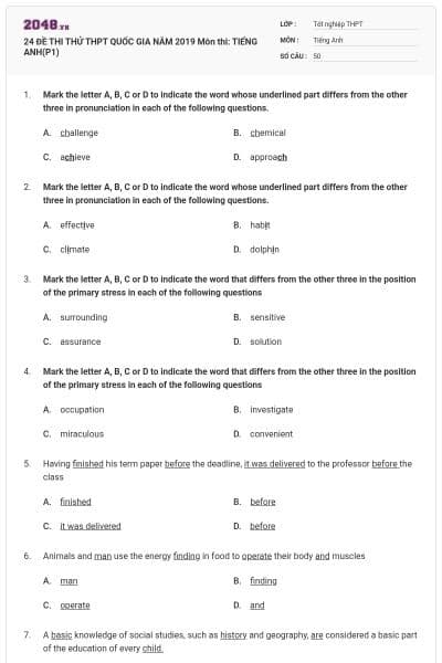 24 ĐỀ THI THỬ THPT QUỐC GIA NĂM 2019 Môn thi: TIẾNG ANH(P1)