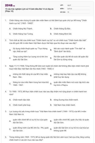 15 câu trắc nghiệm Lịch sử 9 Cánh diều Bài 14 có đáp án (Phần 10)