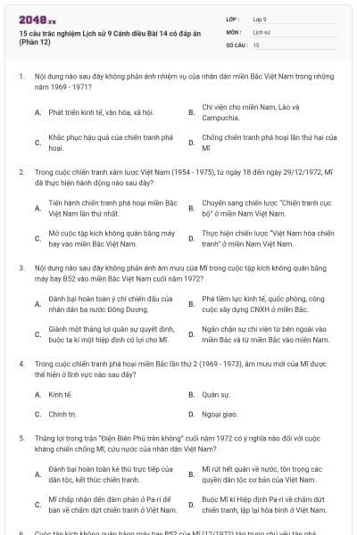15 câu trắc nghiệm Lịch sử 9 Cánh diều Bài 14 có đáp án (Phần 12)
