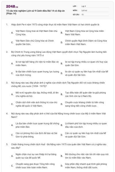 15 câu trắc nghiệm Lịch sử 9 Cánh diều Bài 14 có đáp án (Phần 14)