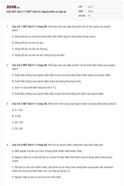 Giải SBT Vật lí 11 KNTT Bài 24. Nguồn điện có đáp án
