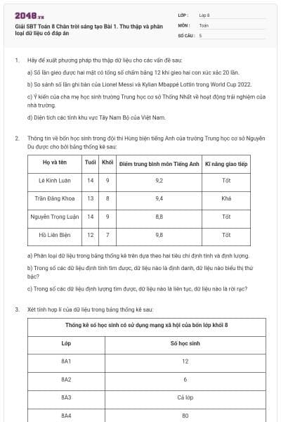 Giải SBT Toán 8 Chân trời sáng tạo Bài 1. Thu thập và phân loại dữ liệu có đáp án