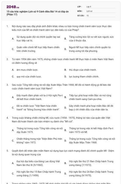 15 câu trắc nghiệm Lịch sử 9 Cánh diều Bài 14 có đáp án (Phần 17)
