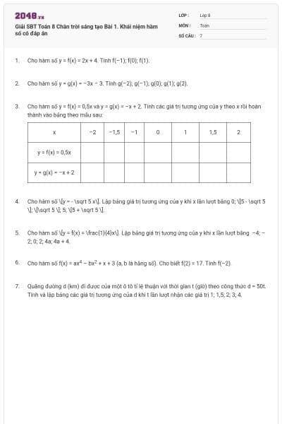 Giải SBT Toán 8 Chân trời sáng tạo Bài 1. Khái niệm hàm số có đáp án